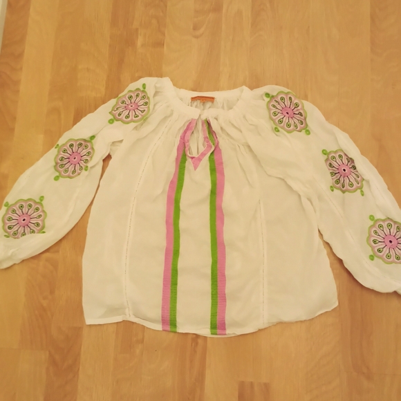 Roberta Freymann Tops - Roberta Freyman Embroidered White Blouse With Pink and Green Accents Size S